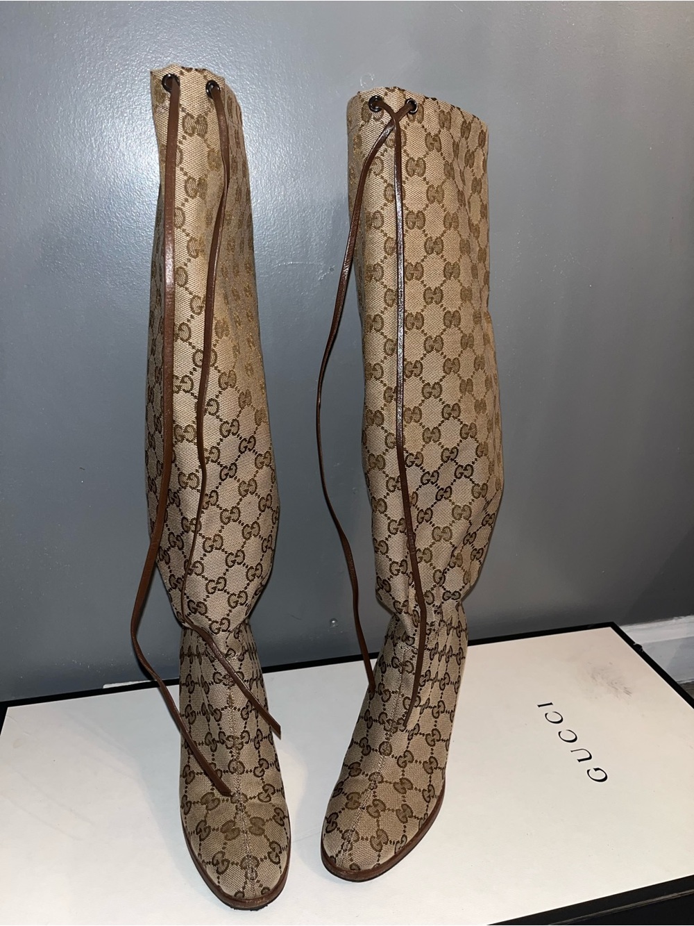 Gucci Original GG Canvas Over-the-Knee Boots Brown Trim Tie Detail - Picture 2 of 7